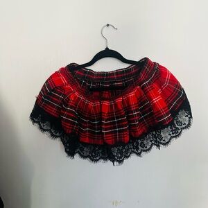 Red Plaid Skirt with Lace Trim